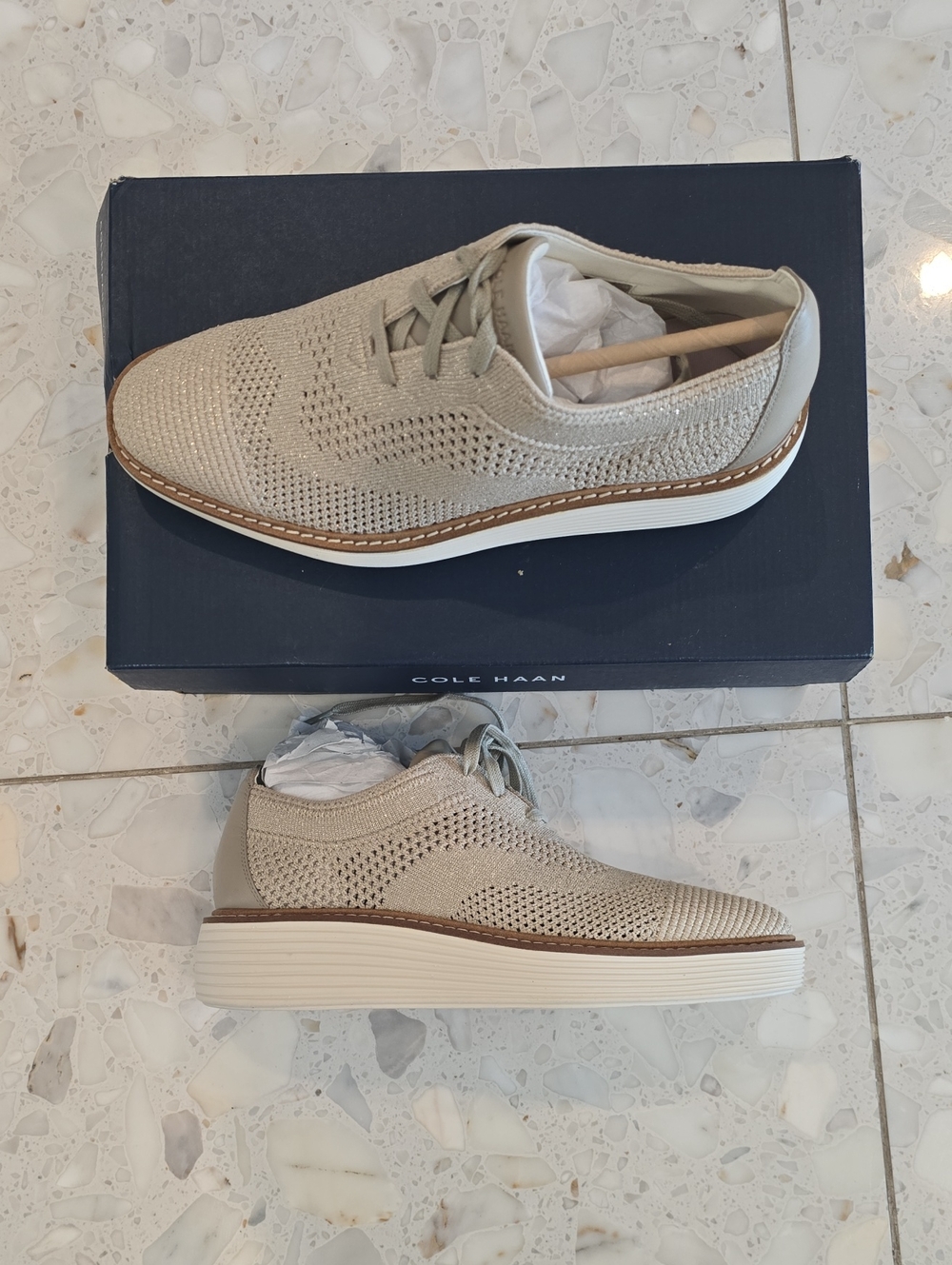 Cole Haan Womens Knit Lace-Up in Light Beige & Gold Platform Oxford Sneakers